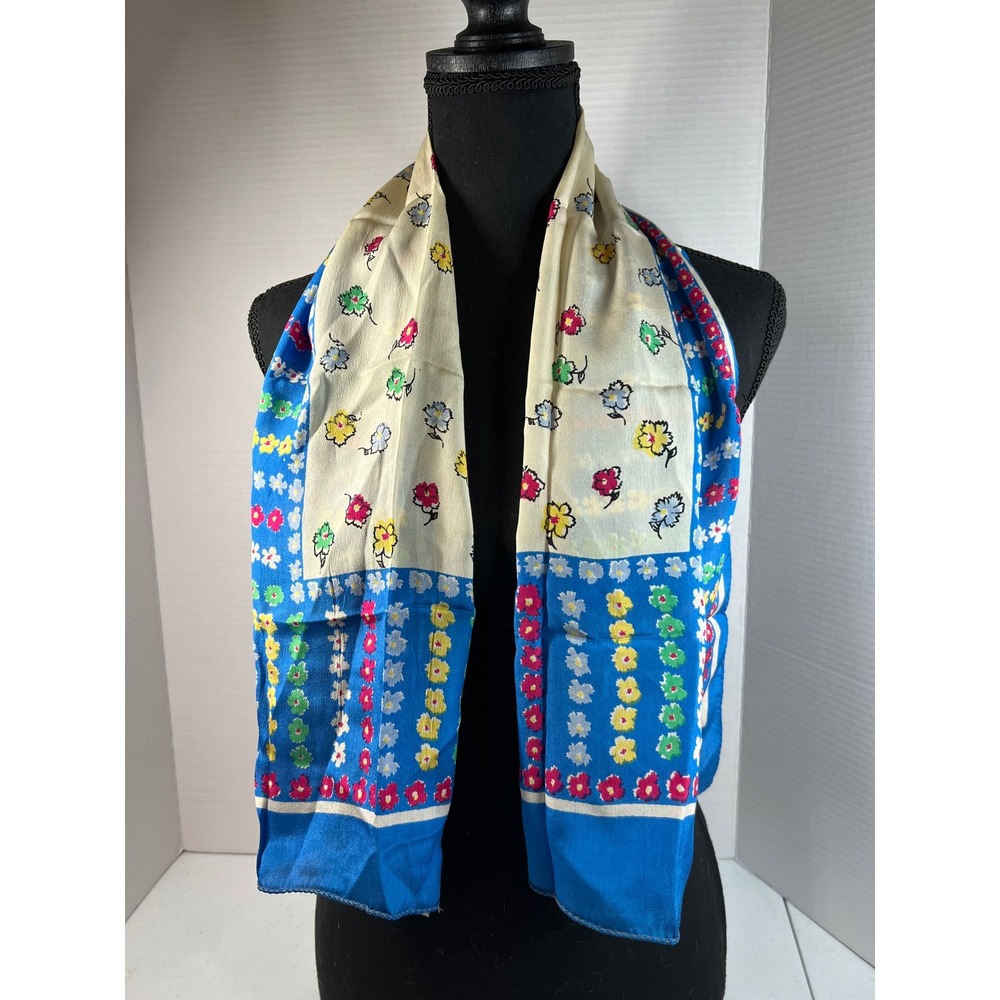 Vintage TopHit Baar & Beards Pure Silk Floral Scarf Blue Cream Hand Rolled 43x15